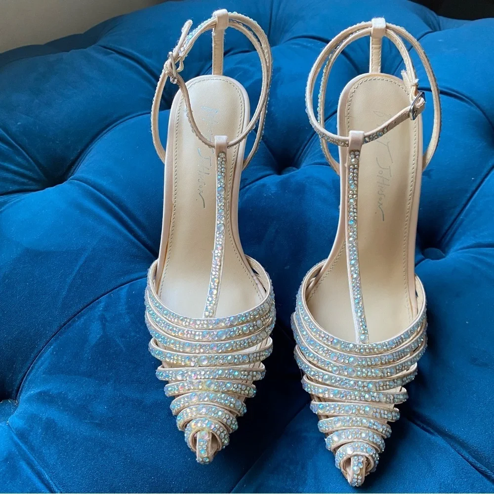 Betsey Johnson Nude Crystal Embellished T-Strap Heels
